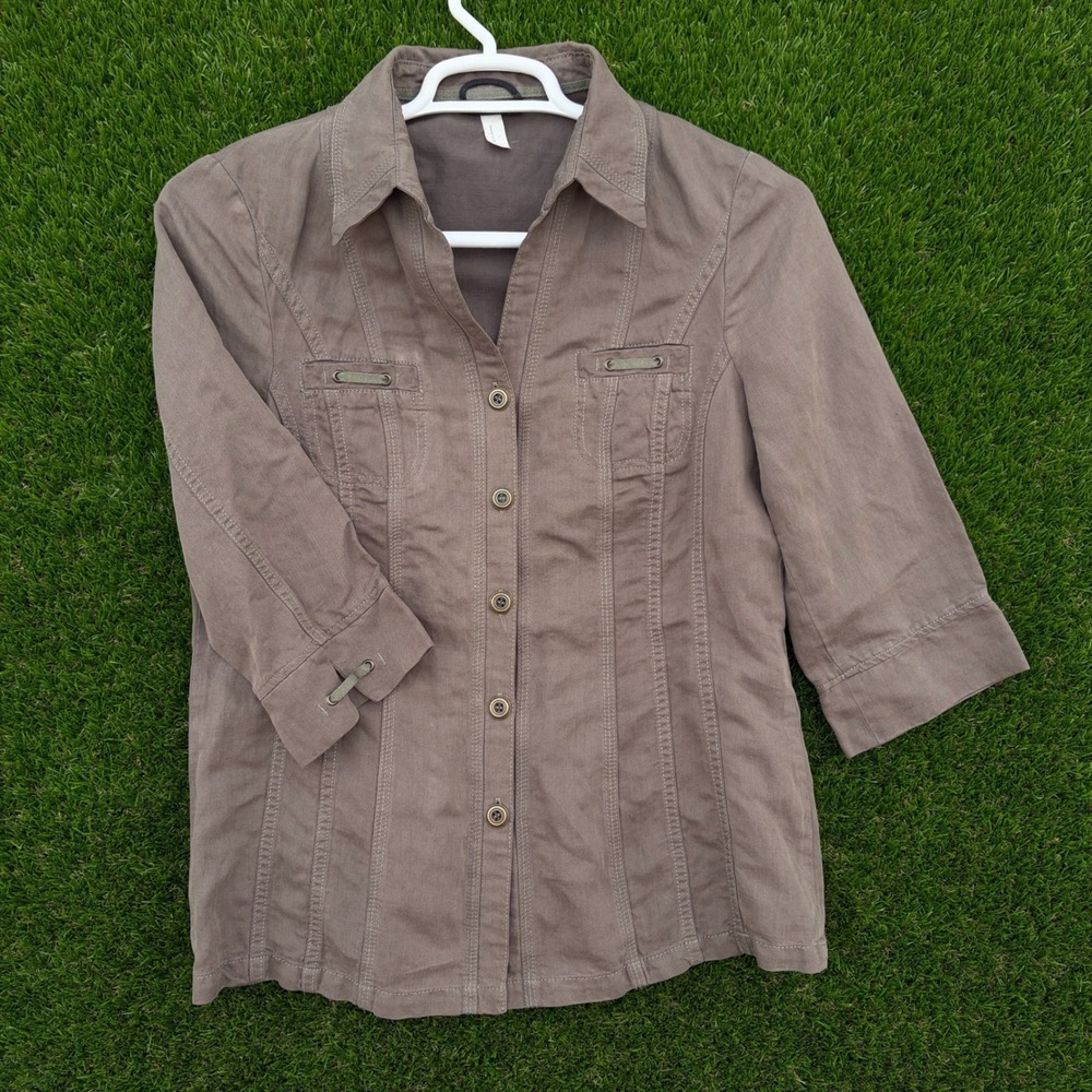Bianca Women Brown Linen Blend Button Down 3/4 Sleeve Utility Shirt Jacket Sz 10